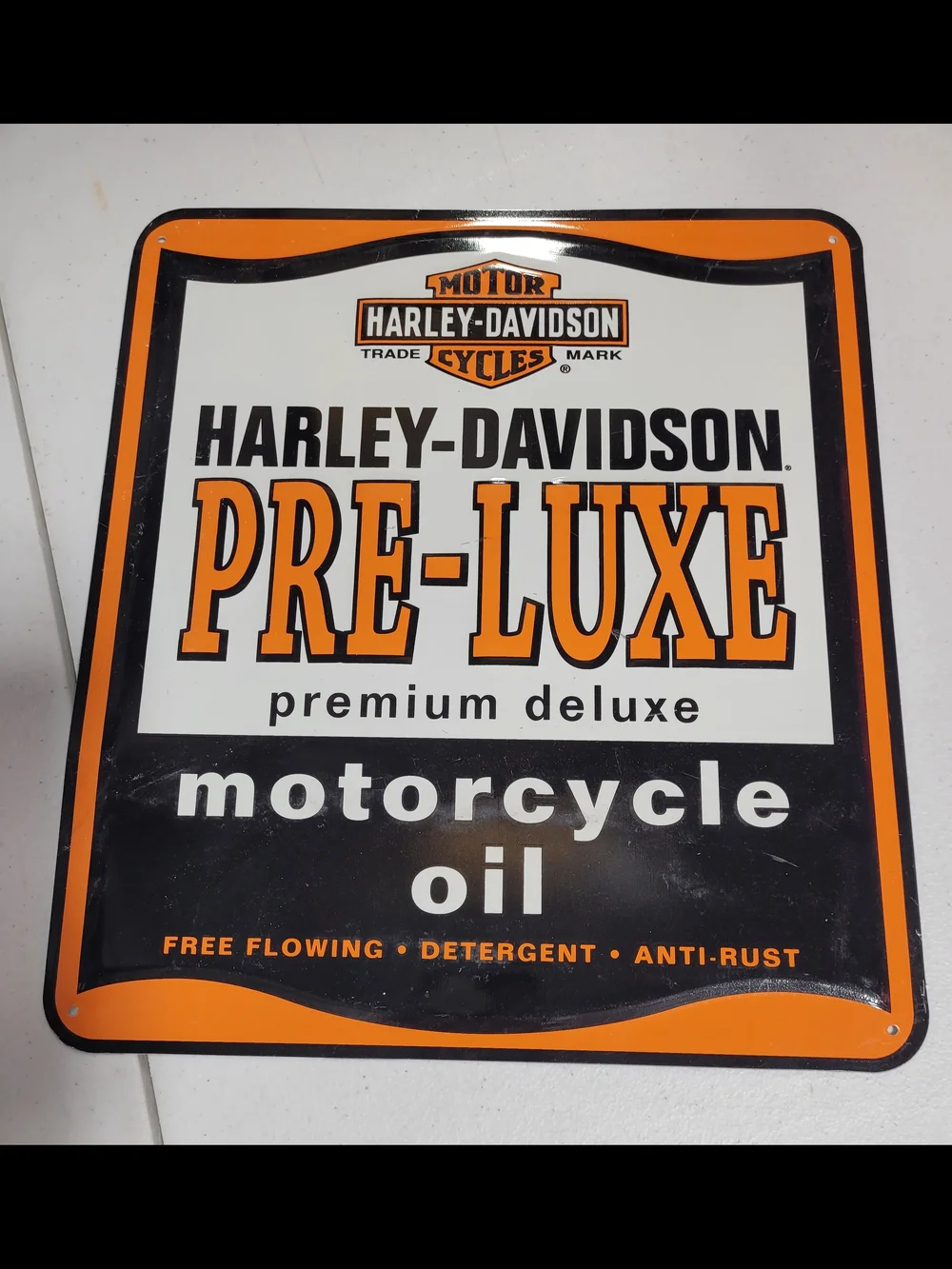 Harley-Davidson PRE-LUXE Motorcycle Oil Metal Sign - Orange & Black